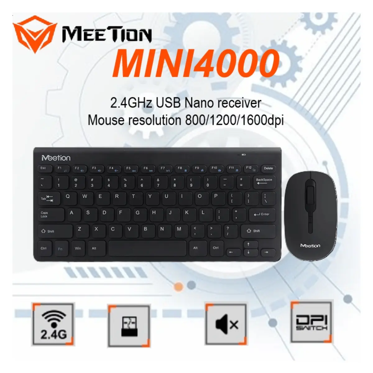Meetion Mini 4000 – Wireless Keyboard & Mouse Combo | Black | Compact Mini Design