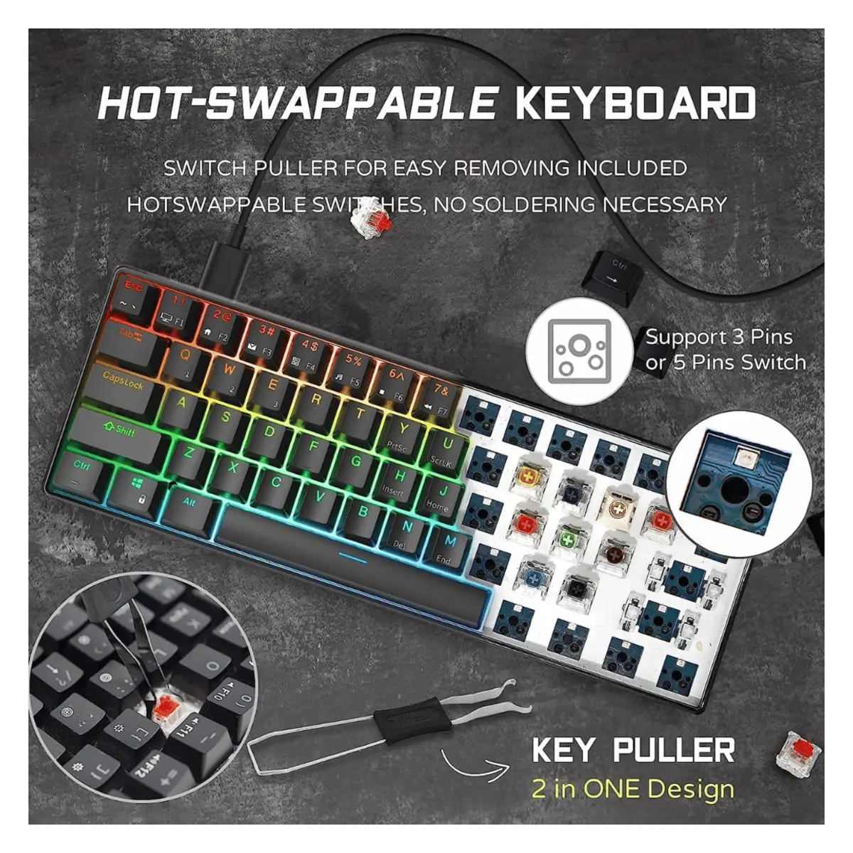 Royal Kludge RK61 3-Mode Wireless Mechanical Keyboard (Red Switch / Black RGB) image 2