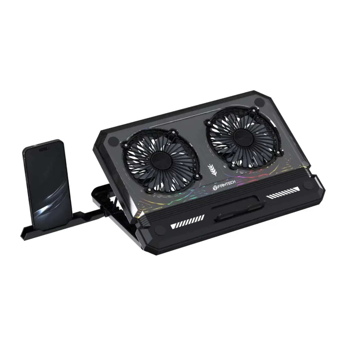 FANTECH NC21 Cooling Pad with Large Dual Fans, 8-Level Adjustable Stand, Phone Holder, and RGB Lighting