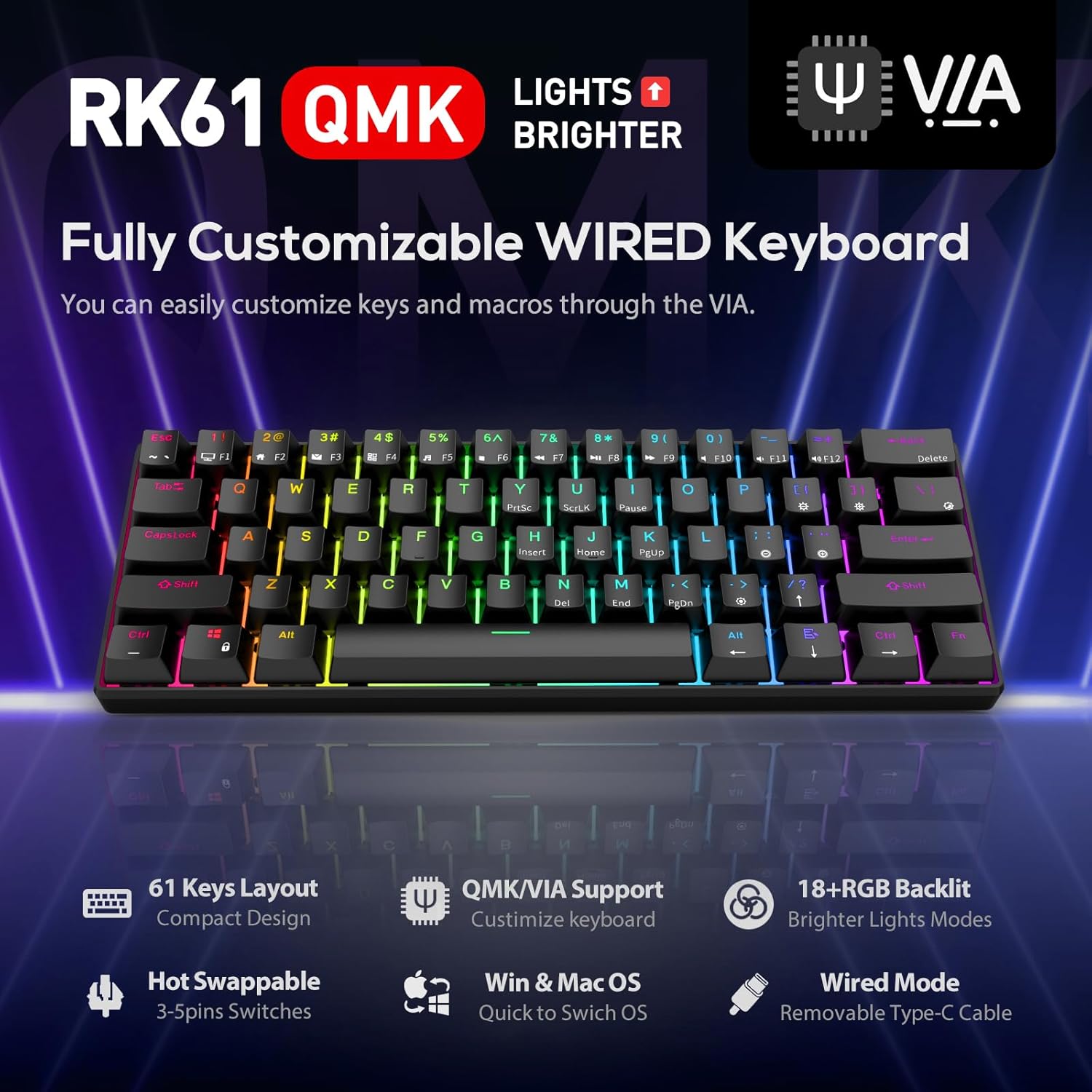 ROYAL KLUDGE RK61 61KEYS / BLUE SWITCH / BLACK RGB (3C) W-W-B KEYBOARD image 2
