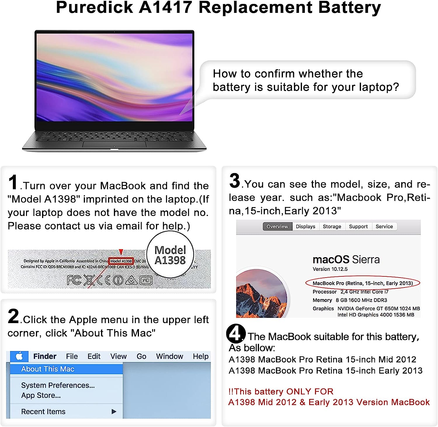 A1398 MacBook Pro Battery Only for (Mid 2012 & Early 2013) 15 Inch image 6